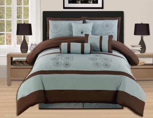 7 Pieces Luxury Embroidery Comforter Set Bed-in-a-bag (Oversize) Bedding (Aqua Blue/Brwon, Queen)
