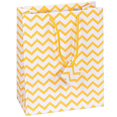 10 pcs Small Chevron Yellow Glossy Shopping Paper Gift Sales Tote Bags with Blank Message Tag 4″ x 2.75″ x 4.25″
