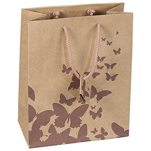 10 pcs Extra Small Kraft Shopping Paper Gift Sales Tote Bags with Mocha Butterfly Print 3″ x 2″ x 3.5″