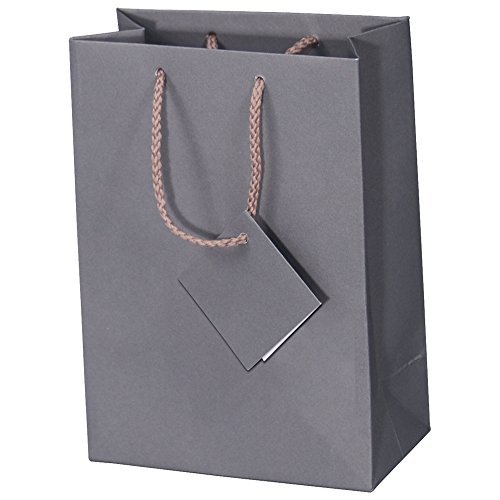 10 pcs Extra Small Matte Dark Grey Shopping Paper Gift Sales Tote Bags with Blank Message Tag 3″ x 2″ x 3.5″