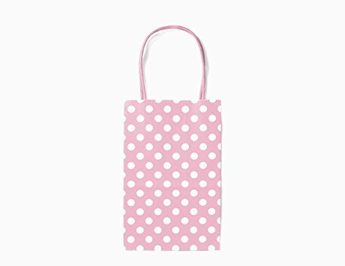12CT SMALL LIGHT PINK POLKA DOT BIODEGRADABLE, FOOD SAFE INK & PAPER KRAFT BAG WITH COLORED STURDY HANDLE (Small, Light Pink)