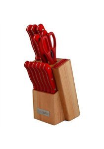 PureLife Ragalta PLKS 2111 Series 13-Piece High Carbon Stainless Steel Cutlery Set with Bakelite Handles and Block, Red