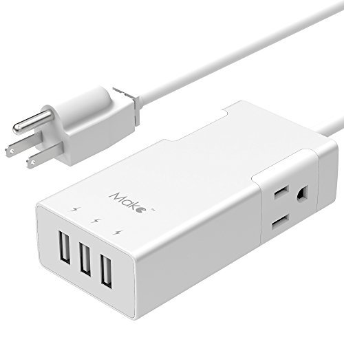 MAKETECH Compact Aluminum 2-Outlet Travel Power Strip with 3 USB Charging Ports (Sliver)