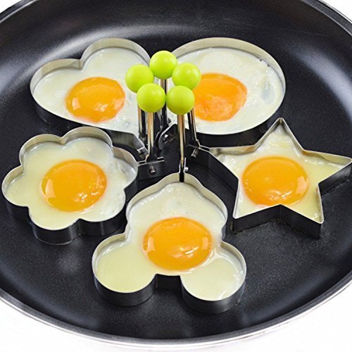 Eshop99 Egg Mold Ring Stainless Steel Egg Pancake Mold Ring Kitchen Utensil for Creative Breakfast 5 Piece Set— Round, Heart, Flower, Five-Pointed Star and Mickey Mouse Shaped Egg Mold Ring