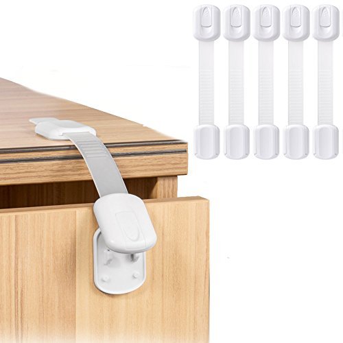 5 Pack Child Baby Safety Locks Adjustable Flexible 3M Adhesive Latches For Baby Proofing Cabinets Drawers Appliances Toilet Seat Fridge White