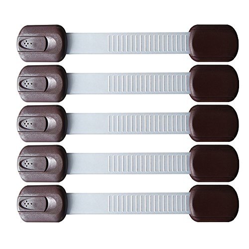 5 Pack Child Baby Safety Locks YIYAYIYAYO Adjustable Flexible 3M Adhesive Latches For Baby Proofing Cabinets Drawers Appliances Toilet Seat Fridge Brown