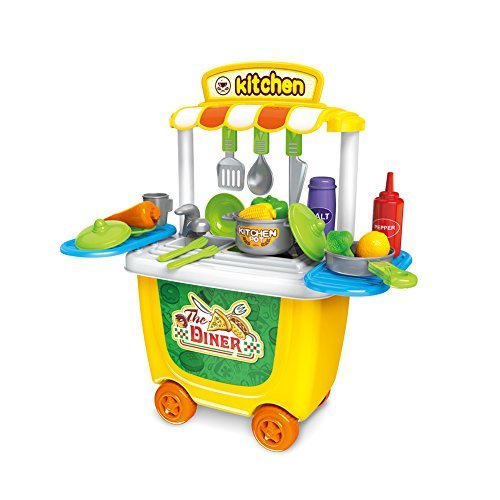 Small Matrix Pretend Play Kitchen Set for Kids,31Pcs Diner Kitchen Cooking Toy Kit with a Yellow Dining Car