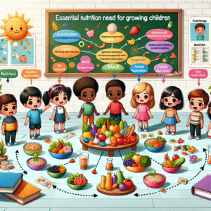 An educational and informative image depicting the essential nutrition needs for growing children. It features a diverse group of children of different genders and descents such as Hispanic girl, Black boy, Middle-Eastern girl and a Caucasian boy, around a table filled with a colorful variety of healthy foods, signifying different food groups. Visual aids like arrows and text bubbles are directing towards specific foods, explaining their nutritional benefits. Background could be a sunny, happy classroom scene. Placed around are books and posters related to child growth and nutrition.